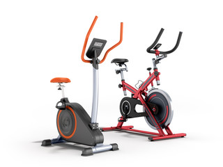 Two modern sport exercise bike yellow purple 3d render on white background
