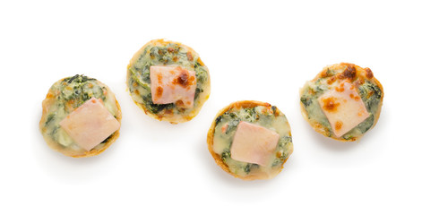 Pie with spinach, cheese and egg isolated on white background