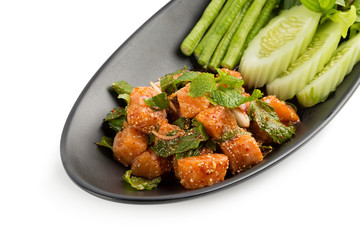 Thai cuisine spicy minced salmon isolated on white back ground