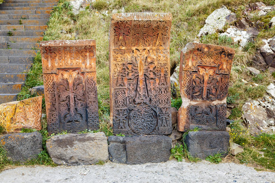 Ancient khachkars in Sevanavank monastery, Armenia