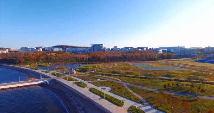 Far Eastern Federal University aerial view. Pier and sports ground. Vladivostok, Russia.
