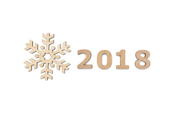 2018 wooden number with decorative wooden snowflake isolated over white background