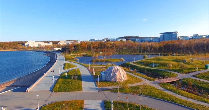 Pier and embankment of Far Eastern Federal University. Russky Island. Aerial view. Vladivostok, Russia.