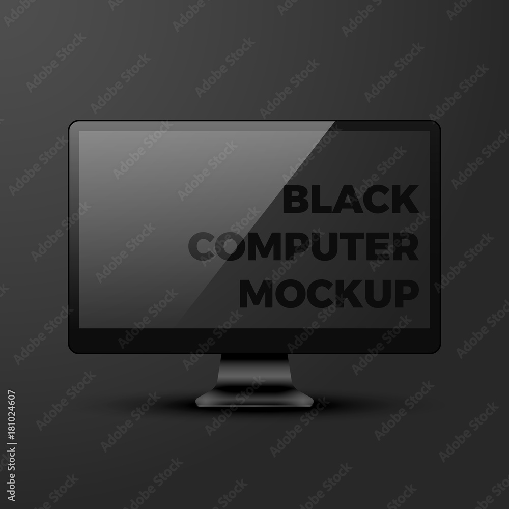 Poster shiny realistic vector black desktop personal computer pc monitor mockup template with blank screen 