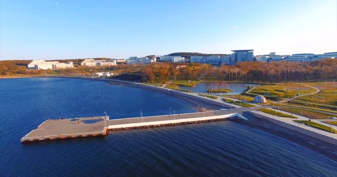 Pier in the campus of Far Eastern Federal University. Territory of university. Aerial view. Vladivostok, Russia.