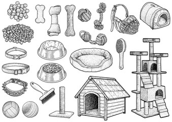 Pet toy collection illustration, drawing, engraving, ink, line art, vector - 181024894