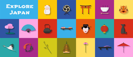 Set of icons with Japanese landmarks, architecture, food in vector