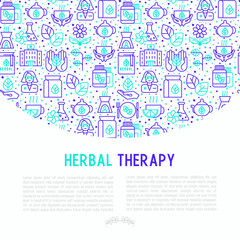 Herbal therapy concept with thin line icons: herbalist, decoction, aromatic oil, oil burner, tea. Vector illustration for banner, web page, print media.