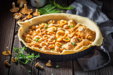 Tasty and aromatic tarts with noble mushrooms and thyme