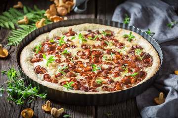 Tasty and aromatic pie made of wild mushrooms and herbs