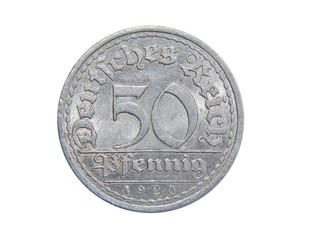 Naklejka premium Coin of Germany 50 PFENINGS 1920 on isolated white background