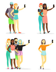 Young diversity people taking selfie vector flat Illustration