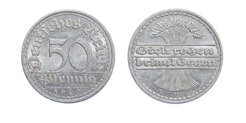 Coin of Germany 50 PFENINGS 1920 on isolated white background