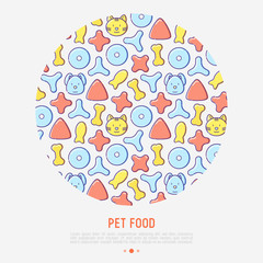 Pet food concept in circle with thin line icons of dry food in different shapes and cute dog and cat. Modern vector illustration.