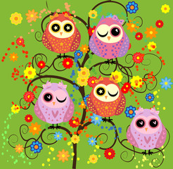 Bright cute cartoon owls sit on the flowering branches of fantastic trees