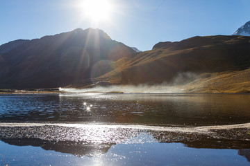 Sunrise on alpine lake in the Cordillera Real of Bolivia