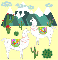 Two Llama, alpaca of white color, with bright saddles on the background of mountains, cacti, clouds