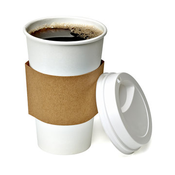 Coffee in takeaway cup with sleeve isolated on white background including clipping path
