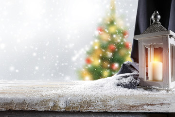 Fototapeta premium christmas wooden table and tree 