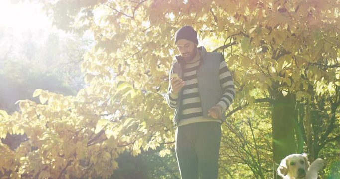 Attractive Caucasian young man with scrolling and chatting on the smart phone while walking his dog on the leash in a picturesque autumn park. Sunny weather. Outside