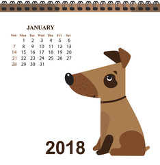 Funny dog symbol of the Chinese New Year. Calendar for January 2018 from Sunday to Saturday.