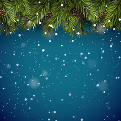 Fototapeta na wymiar Christmas background with fir branches and pine cones in the snow