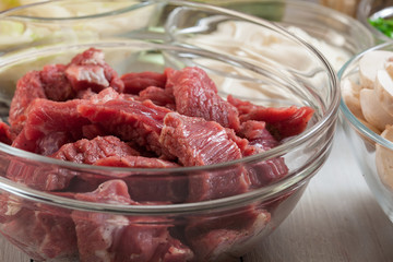 Beef and other ingredients ready to cooking beef Stroganoff