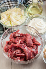 Beef and other ingredients ready to cooking beef Stroganoff