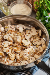 Mushrooms and onion on a fried pan