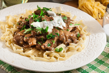 Homemade beef Stroganoff with mushrooms