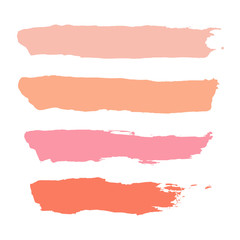 Vector set of pastel powder baby pink, orange, coral, dark salmon, apricot color hand painting watercolor brush stroke textures. Collection of geometric horizontal lines isolated on white background.