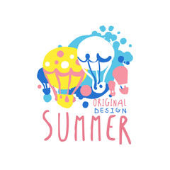 Summer logo original design, label for summer holiday, restaurant, cafe, bar, menu, travel agency colorful hand drawn vector illustration