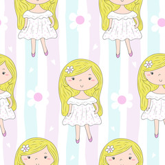 Cute hand drawn with cute little girl vector seamless pattern illustration
