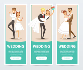 Wedding banners set, happy just married couples flat vector elements for website or mobile app