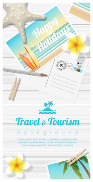 Travel and tourism background with tropical beach postcards on wooden board , vector , illustration