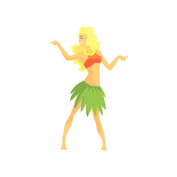 Woman in Hawaiian skirt made of leaves dancing hula cartoon vector illustration