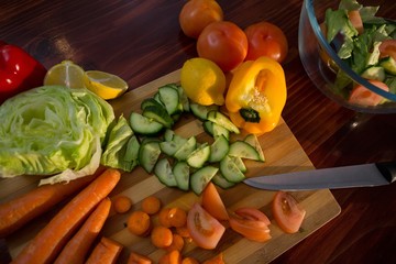 Overhead of fresh vegetables on chopping board