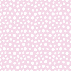 White hand drawn polka dot seamless pattern isolated on pink, rose, magenta background. Abstract acrylic painting spots, stains for print, fabric textile, design greeting cards. Repeat ornament.