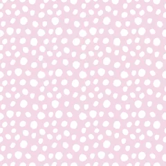Tapeten Weiße Hand gezeichnetes nahtloses Muster des Tupfens lokalisiert auf rosa, rosa, magentafarbenem Hintergrund. Abstrakte Acrylmalereiflecken, Flecken für den Druck, Stofftextilien, Design-Grußkarten. Ornament wiederholen. © Suok