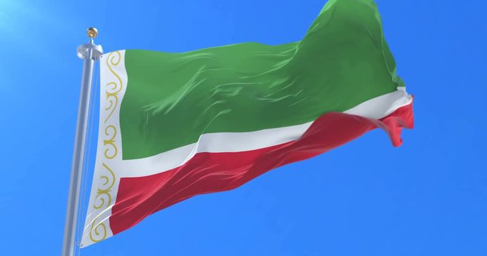 Flag of the Chechen Republic waving at wind with blue sky, loop