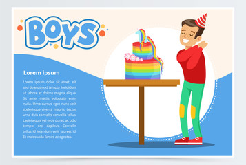 Happy boy and a birthday cake, cute kid celebrating his birthday, boys banner flat vector element for website or mobile app