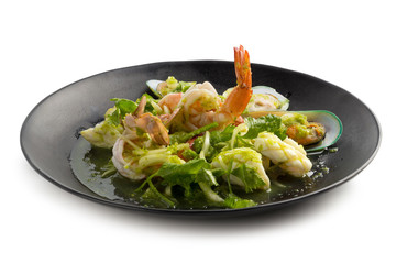 Thai spicy seafood salad with shrimp, New Zealand Mussel isolated on white back ground