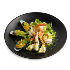 Thai spicy seafood salad with shrimp, New Zealand Mussel isolated on white back ground