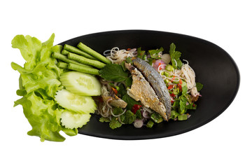 Tuna fish spicy salad, Thai spicy seafood isolated on white background