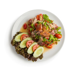 Roasted pork belly spicy salad isolated on white back ground