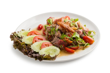 Roasted pork belly spicy salad isolated on white back ground