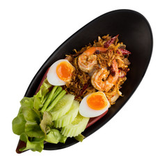 Banana Blossom salad and shrimp with boiled egg isolated on white back ground