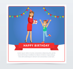 Mother giving a gift to her son, kids birthday party, happy birthday banner flat vector element for website or mobile app
