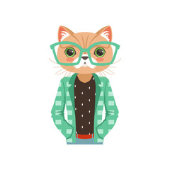 Cute fashion cat guy character in turquoise glasses and a jacket, hipster animal flat vector illustration