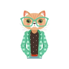 Afwasbaar Fotobehang Tienerkamer Leuke mode kat kerel karakter in turquoise bril en een jas, hipster dierlijke platte vectorillustratie